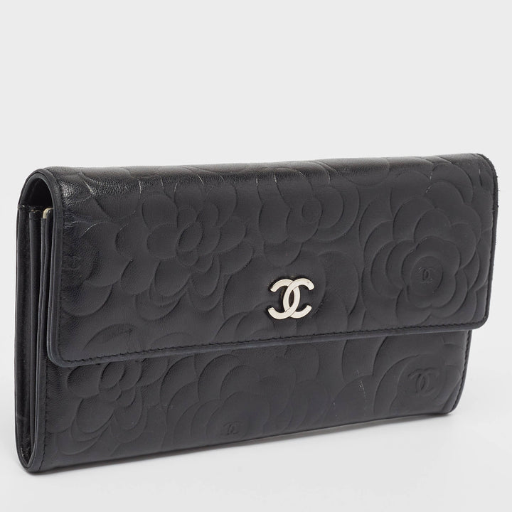 Chanel Black Camellia Embossed Leather Large New Wallet