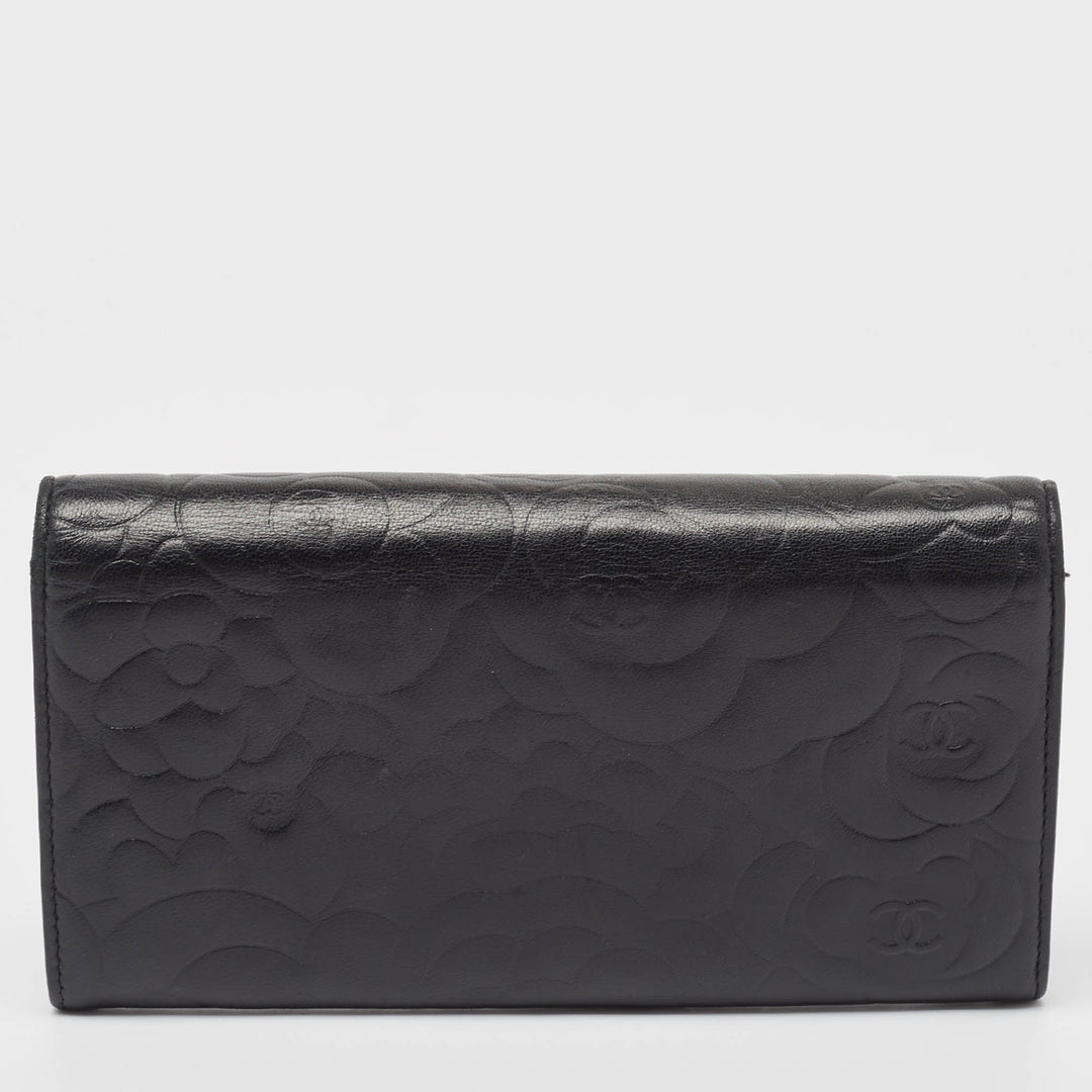 Chanel Black Camellia Embossed Leather Large New Wallet