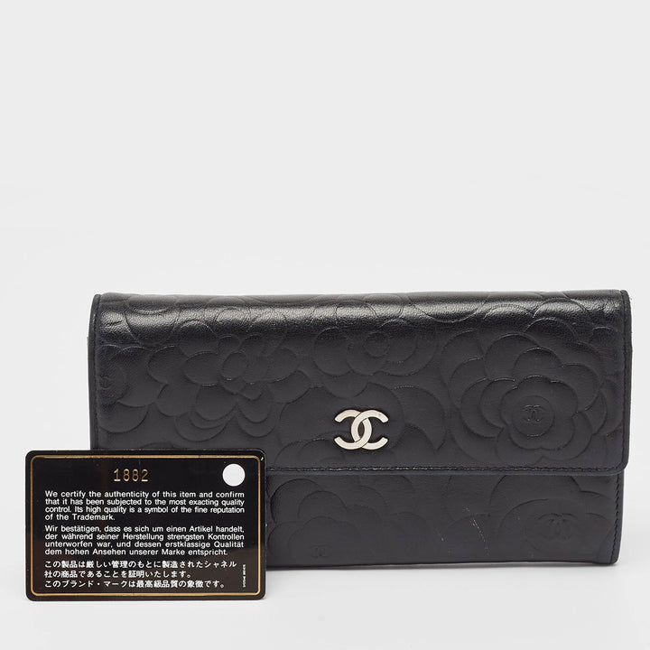 Chanel Black Camellia Embossed Leather Large New Wallet