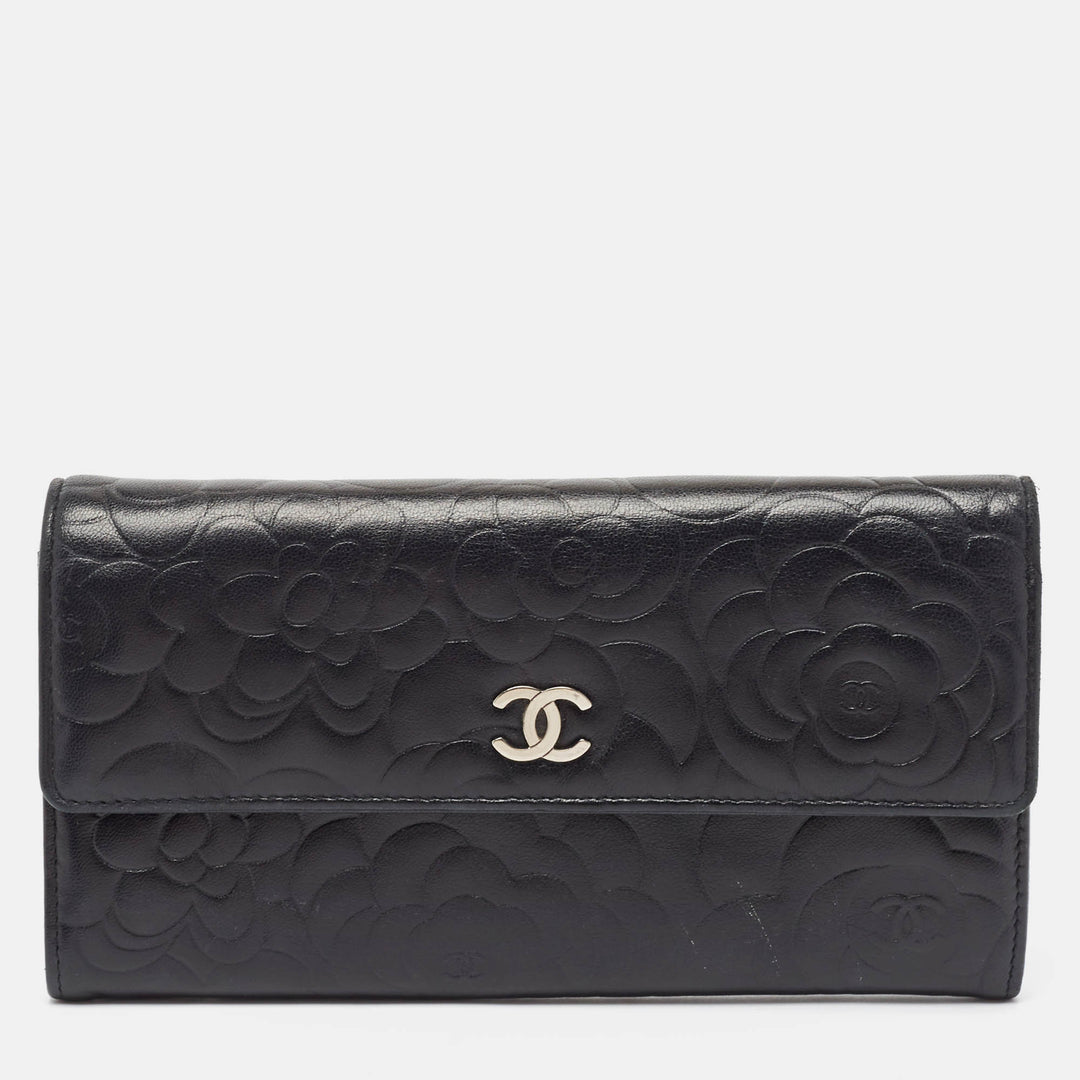 Chanel Black Camellia Embossed Leather Large New Wallet