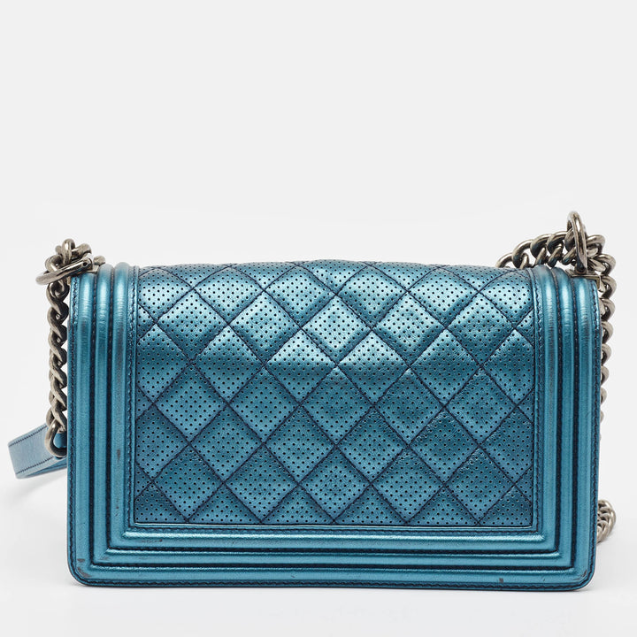 Chanel Metallic Blue Perforated Quilted Leather Medium Boy New Bag