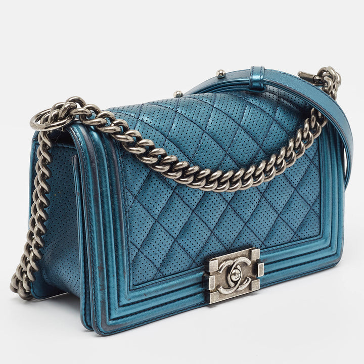 Chanel Metallic Blue Perforated Quilted Leather Medium Boy New Bag