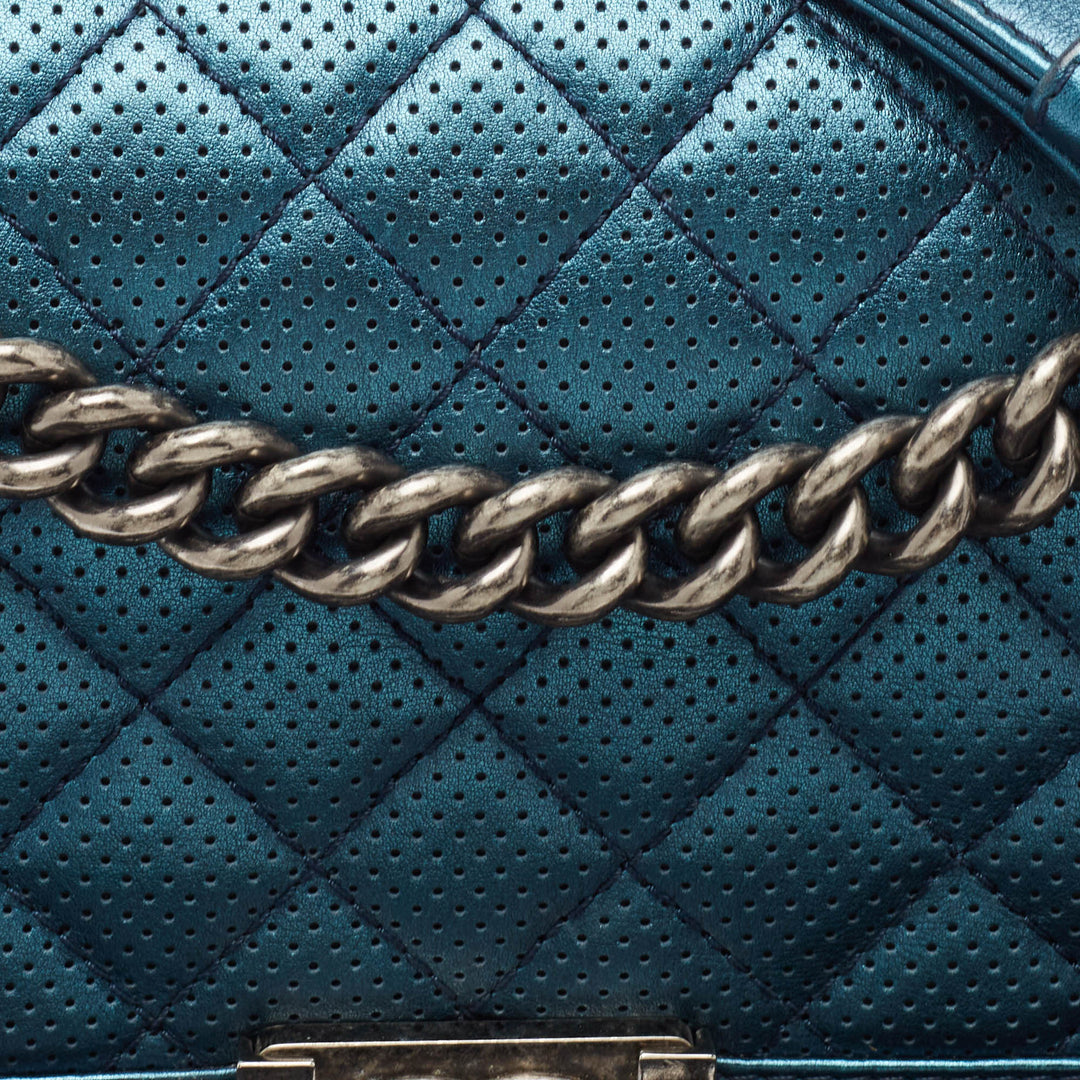 Chanel Metallic Blue Perforated Quilted Leather Medium Boy New Bag