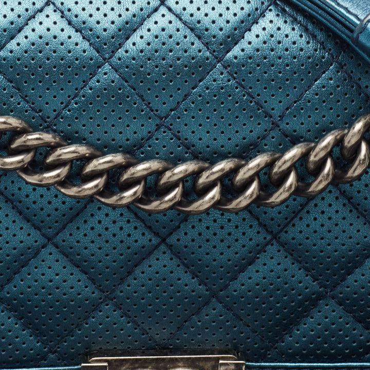 Chanel Metallic Blue Perforated Quilted Leather Medium Boy New Bag