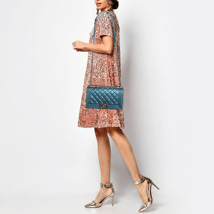 Chanel Metallic Blue Perforated Quilted Leather Medium Boy New Bag