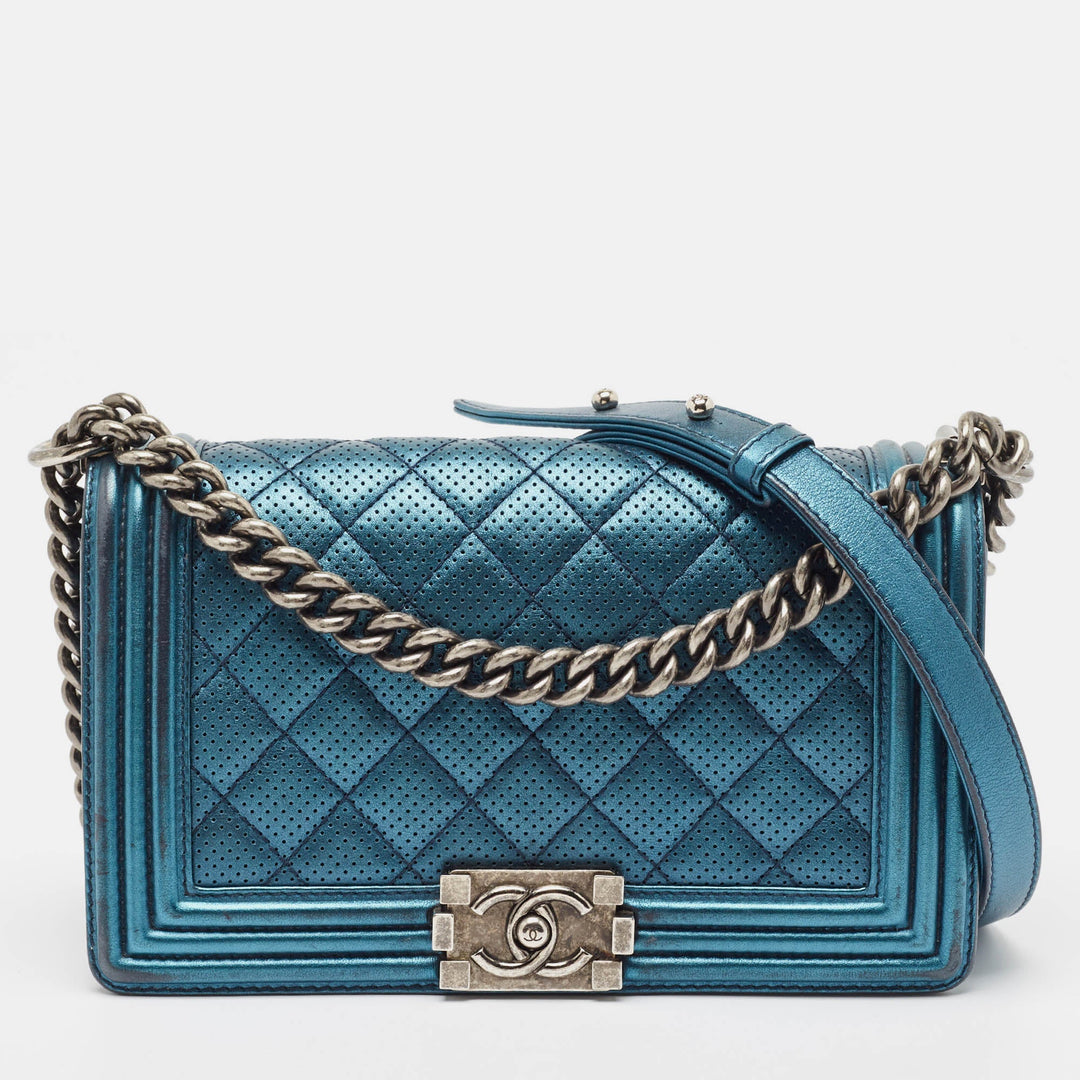 Chanel Metallic Blue Perforated Quilted Leather Medium Boy New Bag