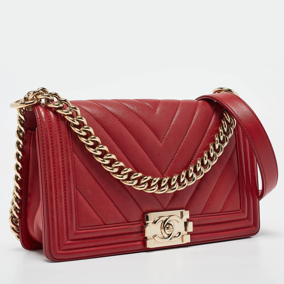 Chanel Red Chevron Leather Medium Boy New Bag
