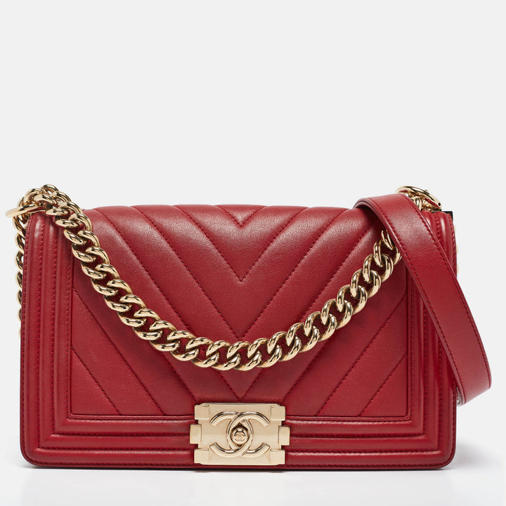 Chanel Red Chevron Leather Medium Boy New Bag