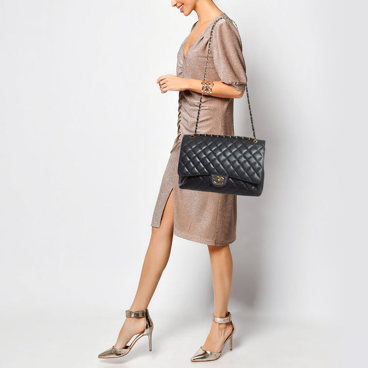 Chanel Black Quilted Caviar Leather Maxi Classic Double New Bag