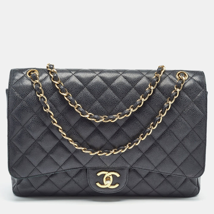 Chanel Black Quilted Caviar Leather Maxi Classic Double New Bag