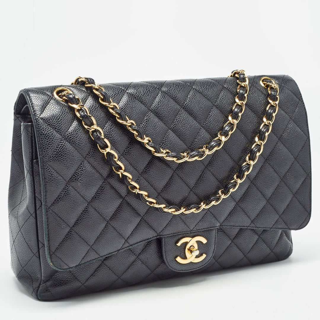 Chanel Black Quilted Caviar Leather Maxi Classic Double New Bag