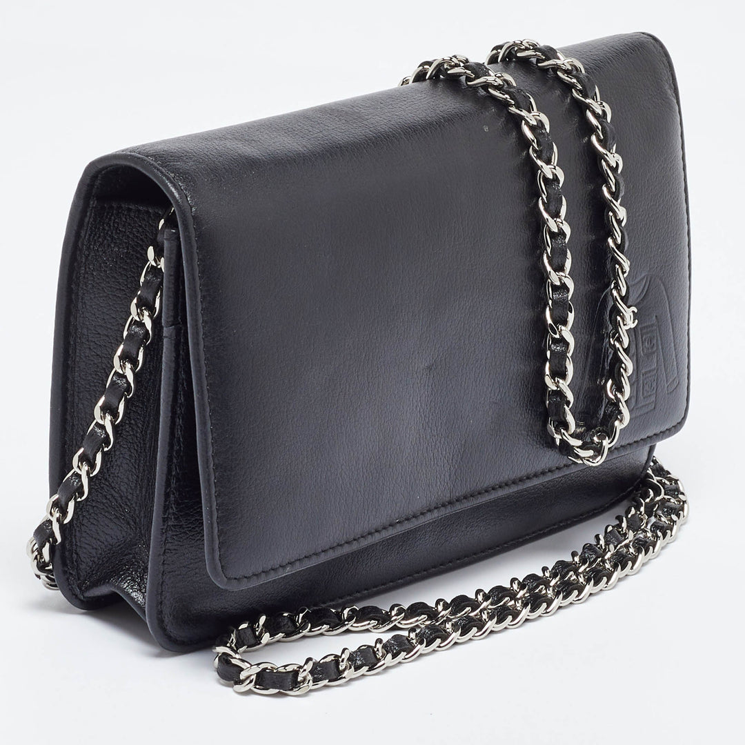 Chanel Black Leather CC Jacket Embossed Leather Wallet on Chain