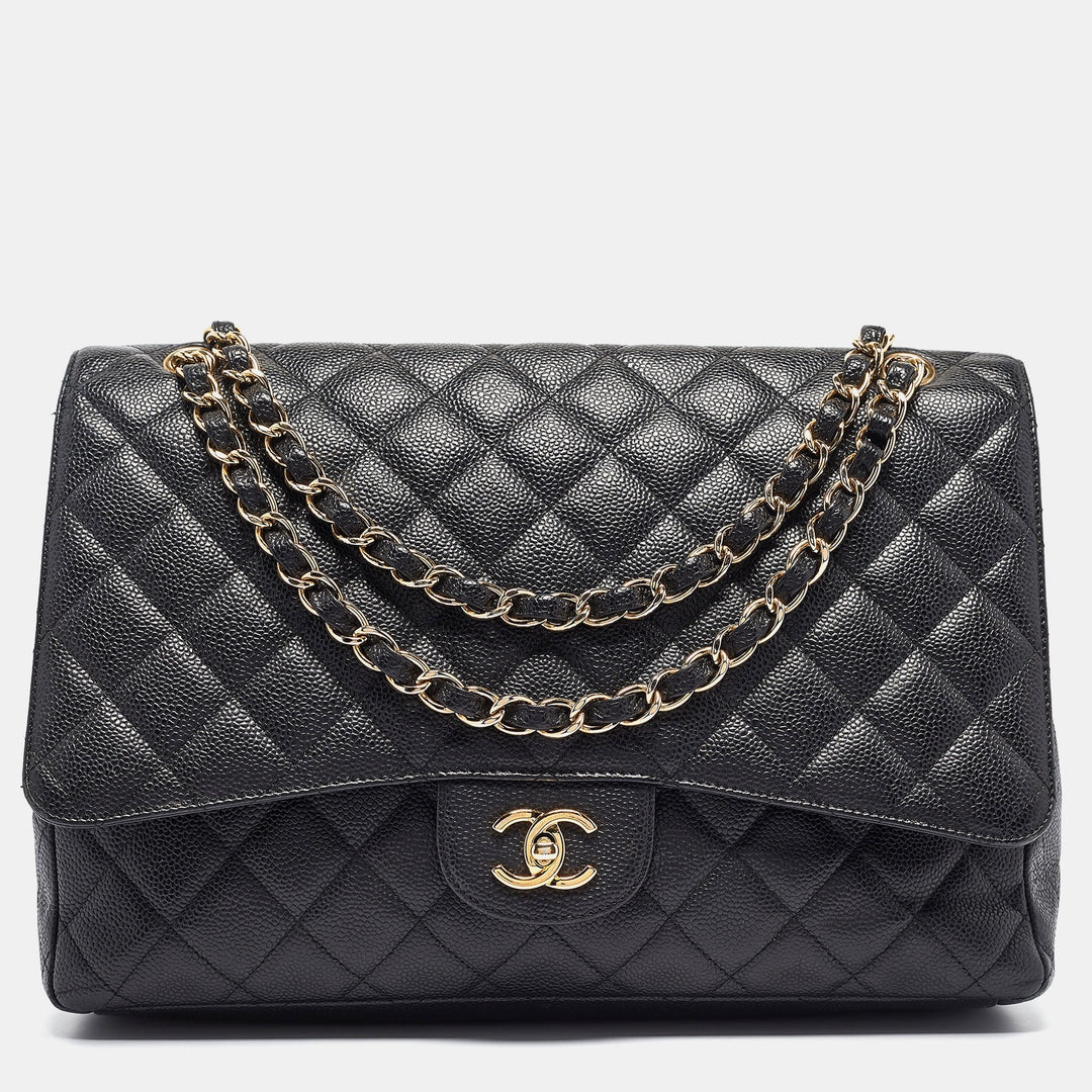 Chanel Black Quilted Caviar Leather Maxi Classic Single New Bag