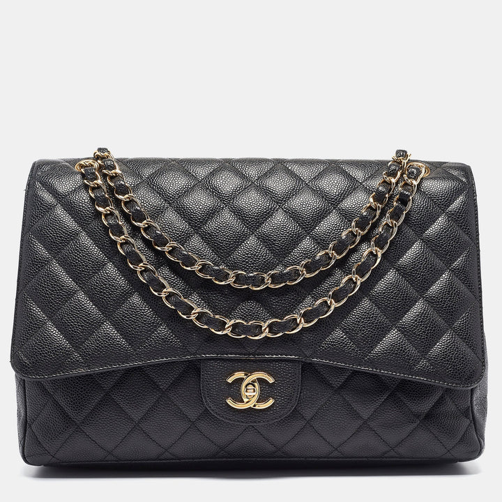 Chanel Black Quilted Caviar Leather Maxi Classic Single New Bag