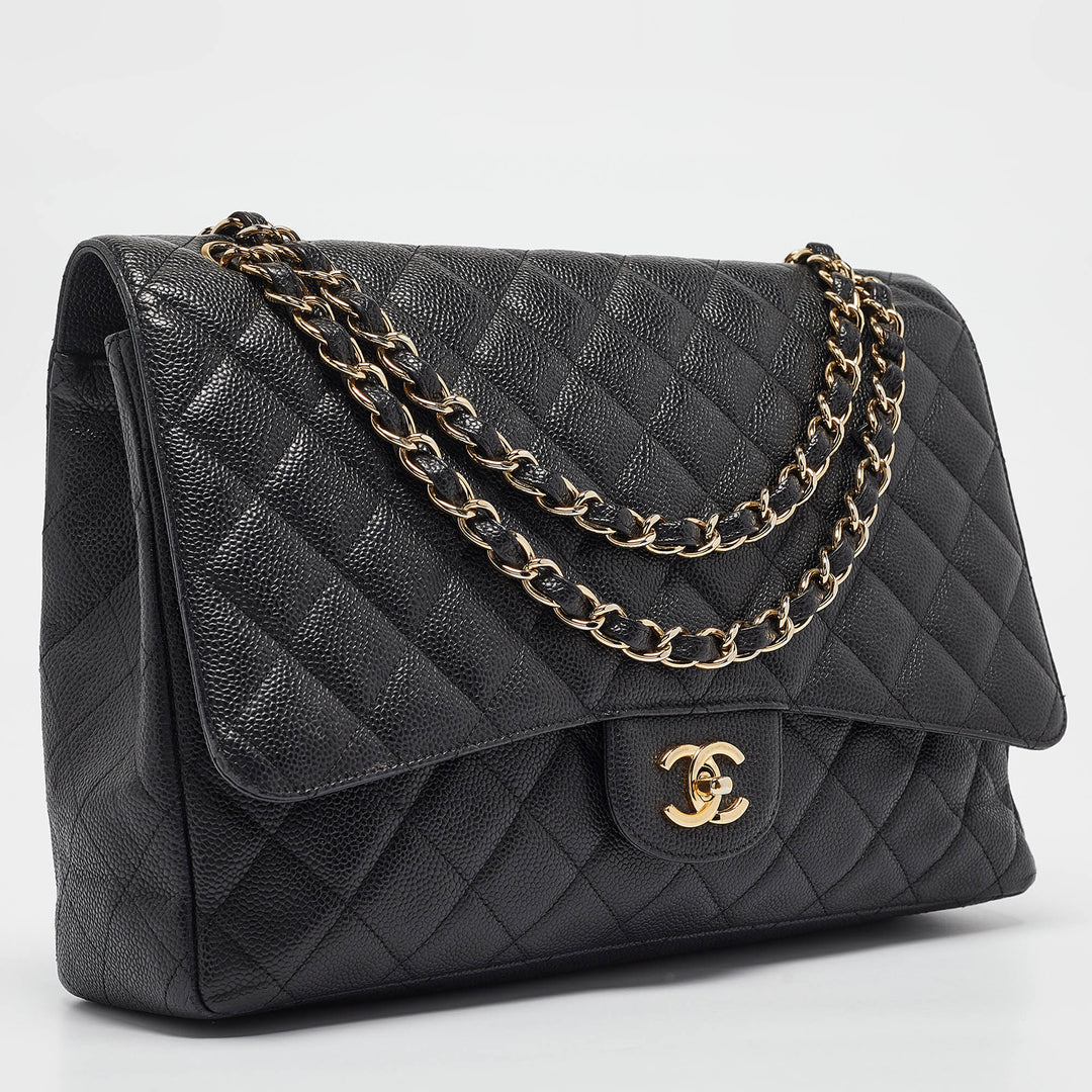 Chanel Black Quilted Caviar Leather Maxi Classic Single New Bag