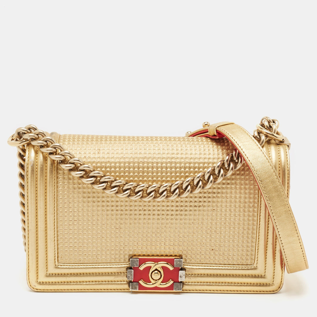 Chanel Gold Woven Embossed Leather Medium Boy New Bag