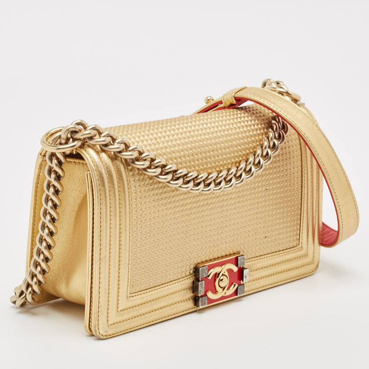 Chanel Gold Woven Embossed Leather Medium Boy New Bag