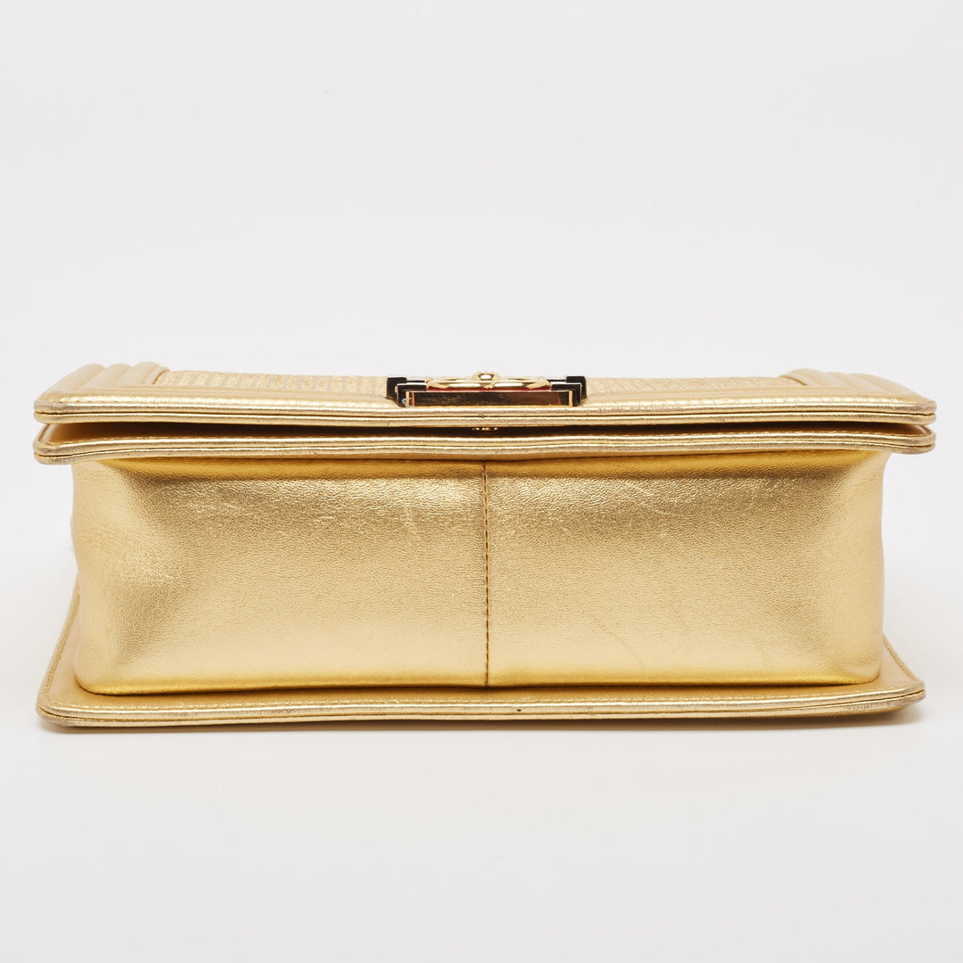 Top Quality Chanel Gold Woven Embossed Leather Medium Boy New Bag