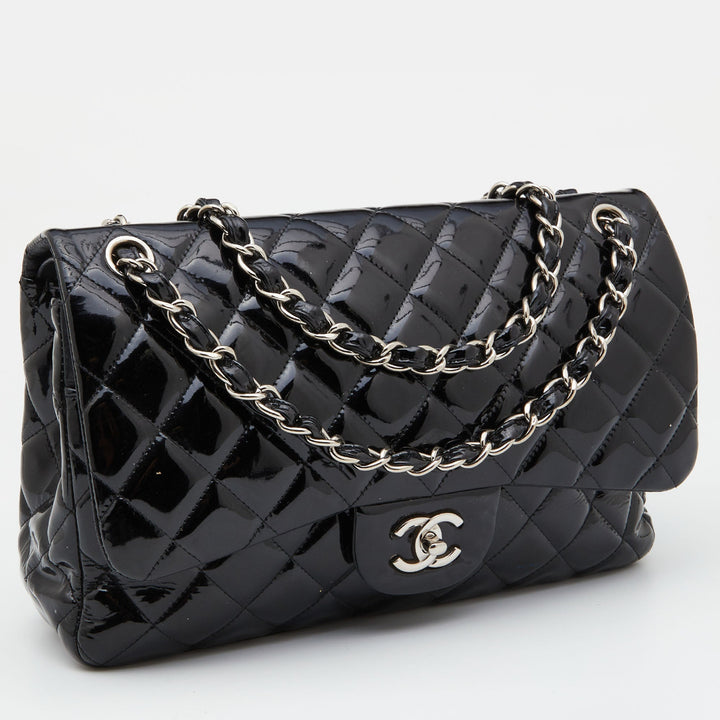 Chanel Black Quilted Patent Leather Jumbo Classic Double New Bag