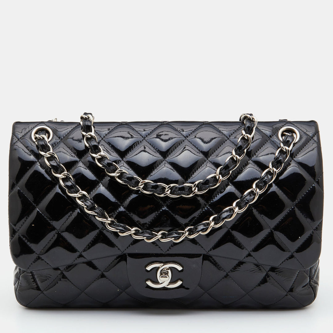 Chanel Black Quilted Patent Leather Jumbo Classic Double New Bag
