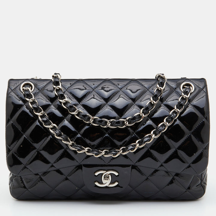 Chanel Black Quilted Patent Leather Jumbo Classic Double New Bag