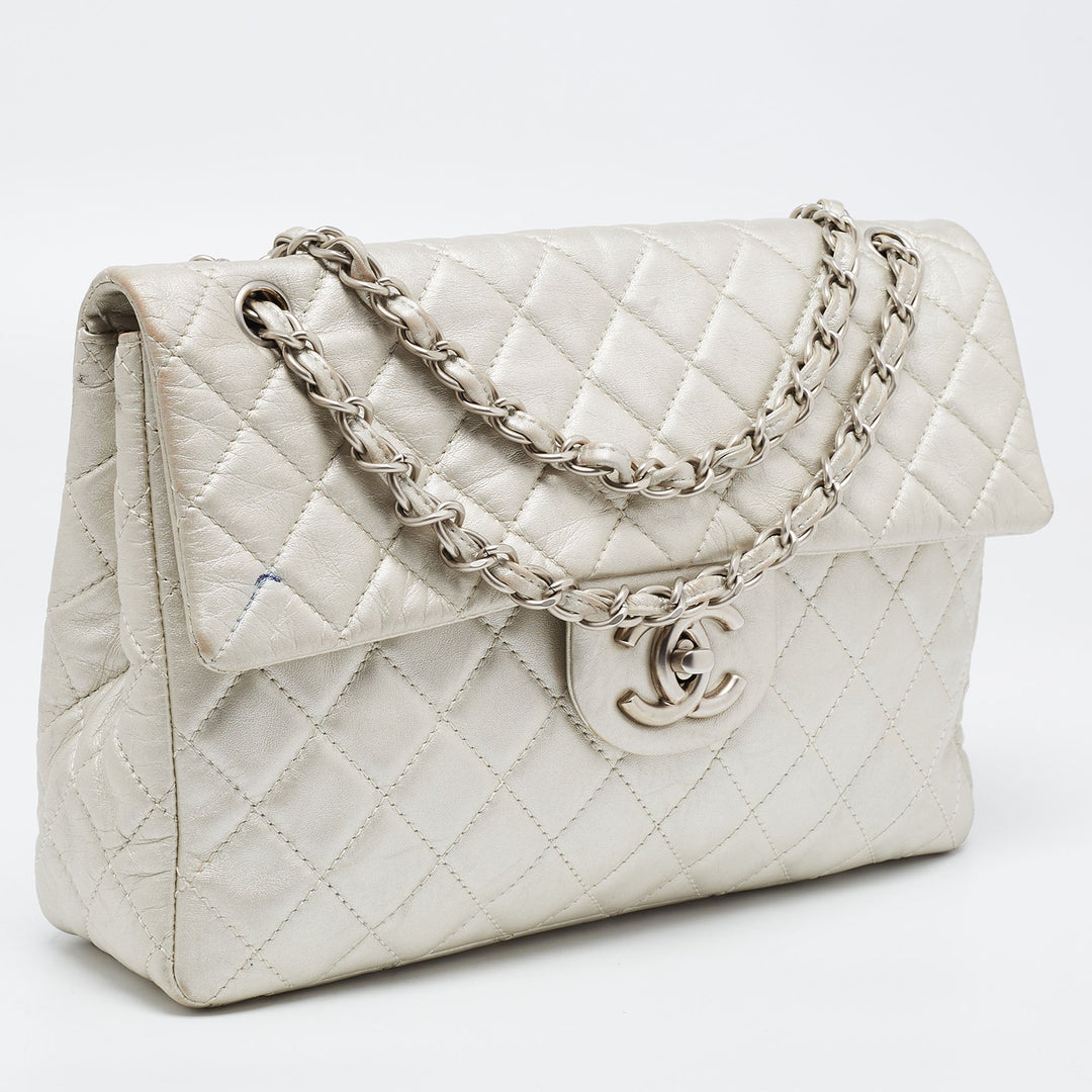 Chanel Metallic Grey Quilted Leather Maxi Classic Single New Bag