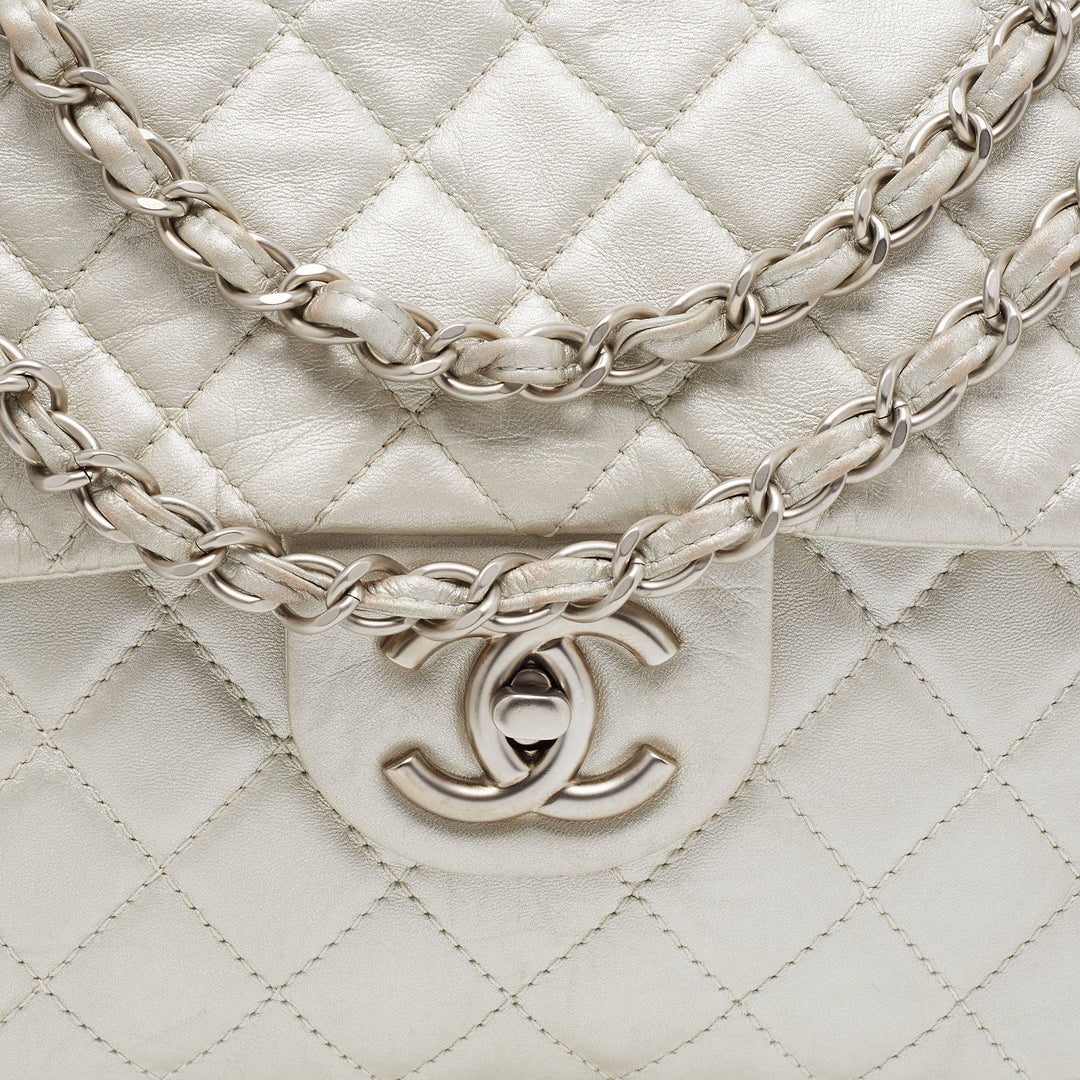 Chanel Metallic Grey Quilted Leather Maxi Classic Single New Bag