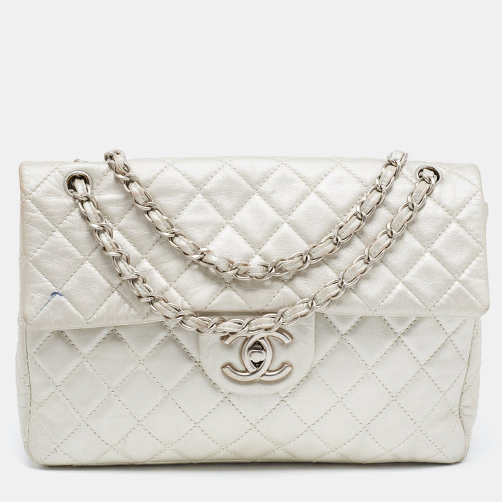 Chanel Metallic Grey Quilted Leather Maxi Classic Single New Bag
