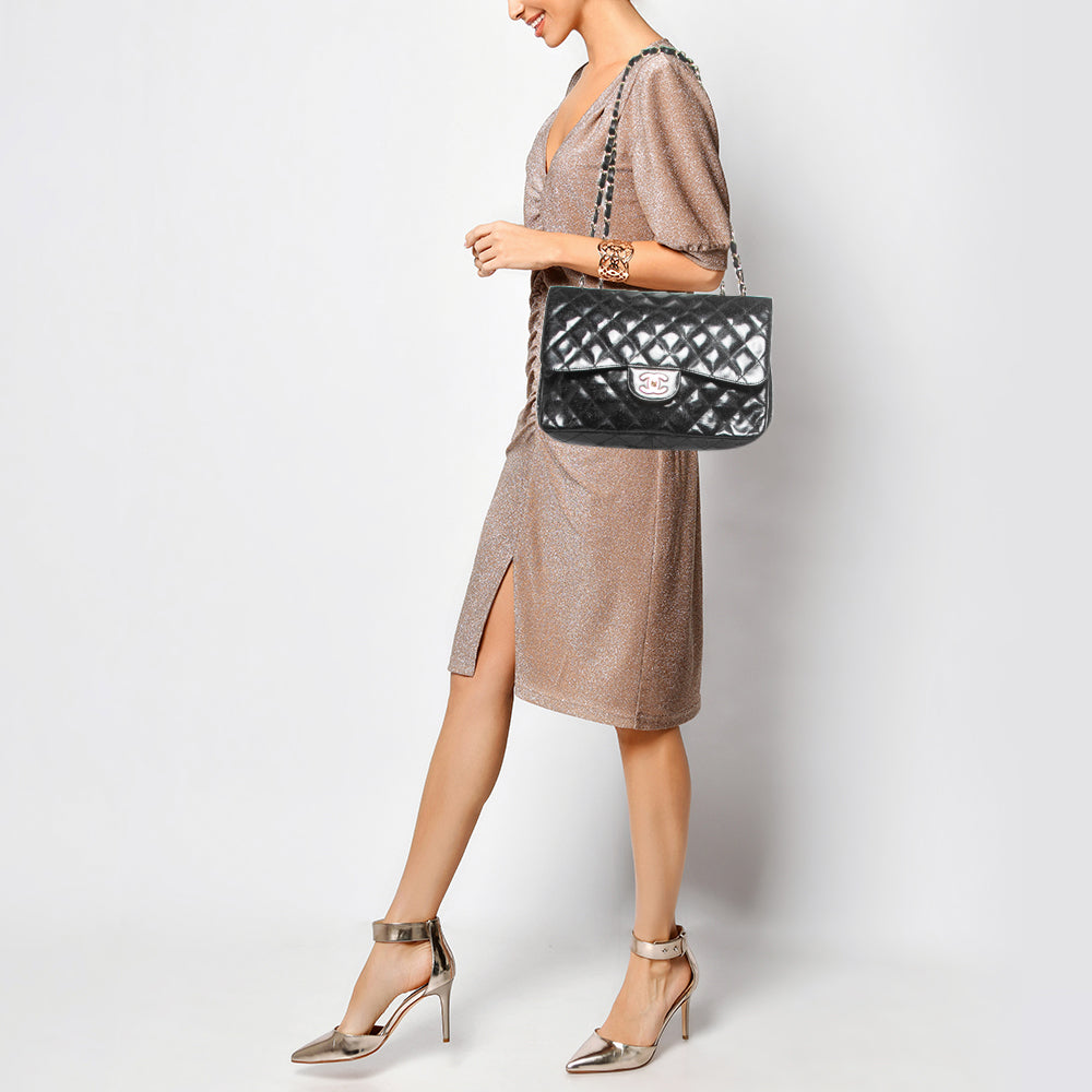 Chanel Black Quilted Glitter Patent Leather Jumbo Classic Single New Bag