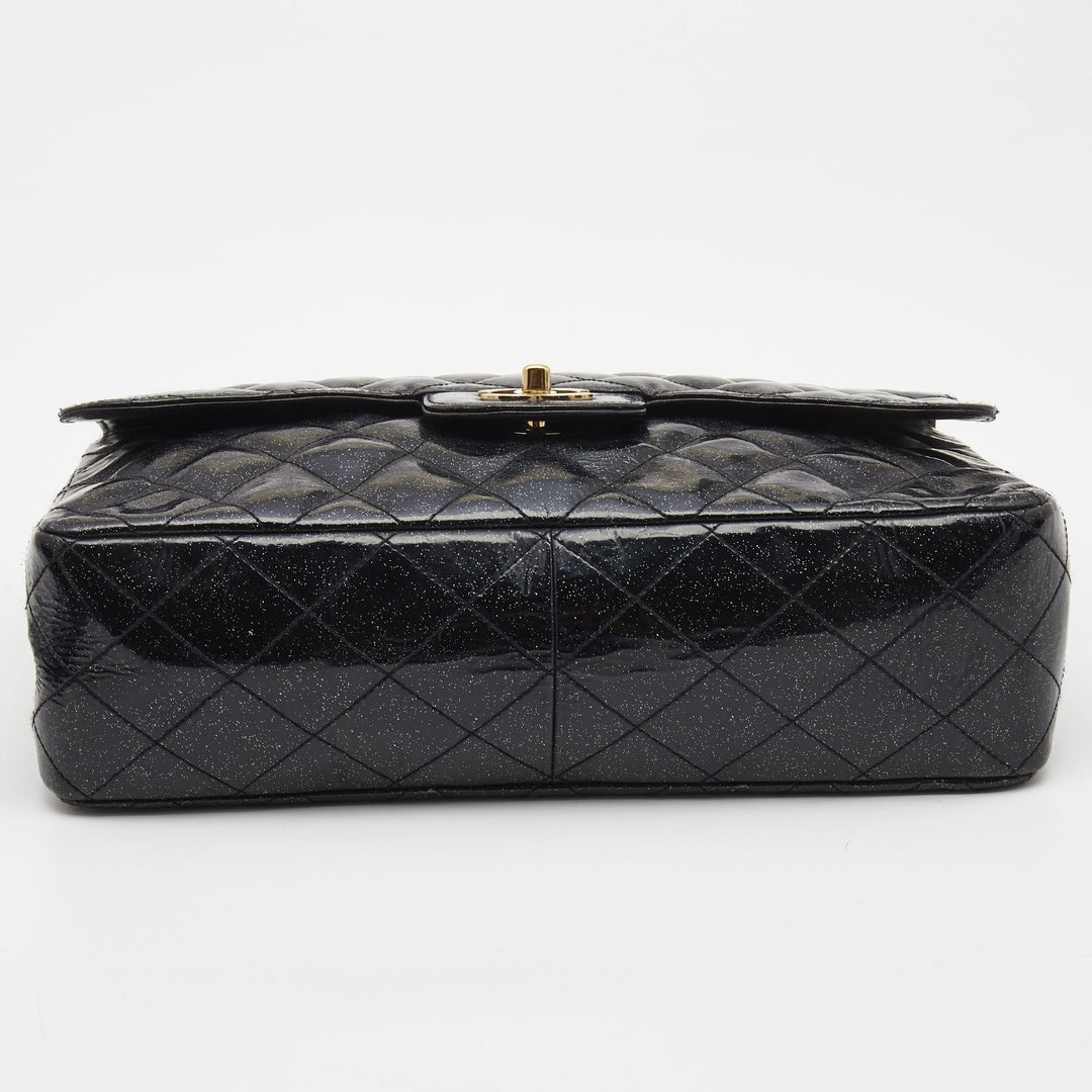 Chanel Black Quilted Glitter Patent Leather Jumbo Classic Single New Bag