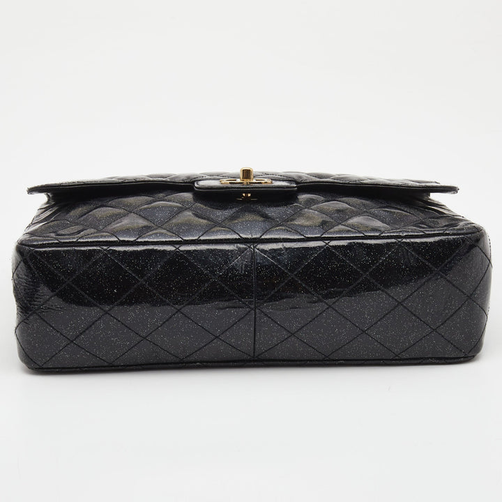 Chanel Black Quilted Glitter Patent Leather Jumbo Classic Single New Bag