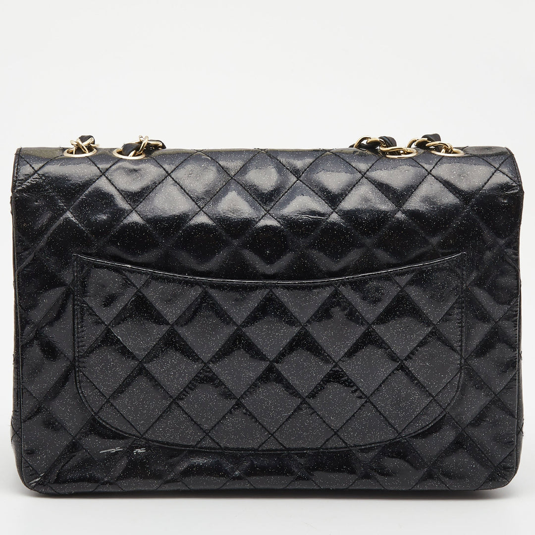 Chanel Black Quilted Glitter Patent Leather Jumbo Classic Single New Bag