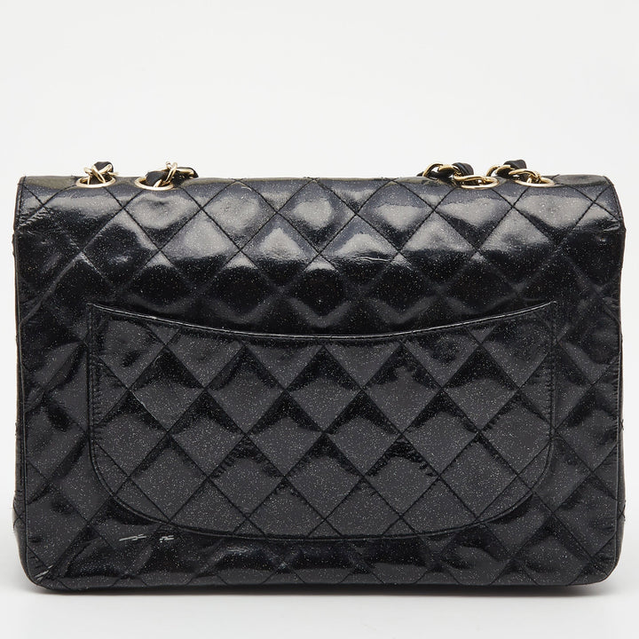 Chanel Black Quilted Glitter Patent Leather Jumbo Classic Single New Bag