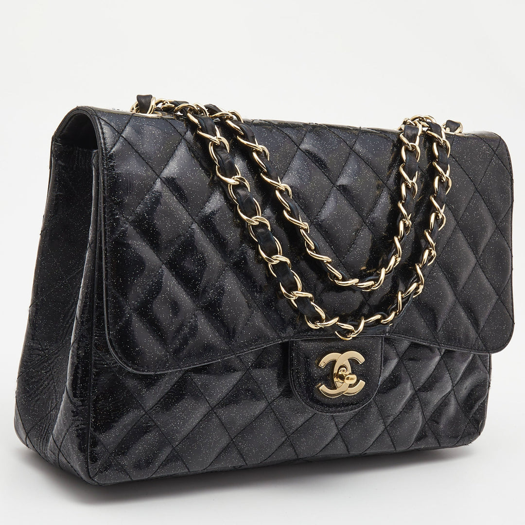 Chanel Black Quilted Glitter Patent Leather Jumbo Classic Single New Bag