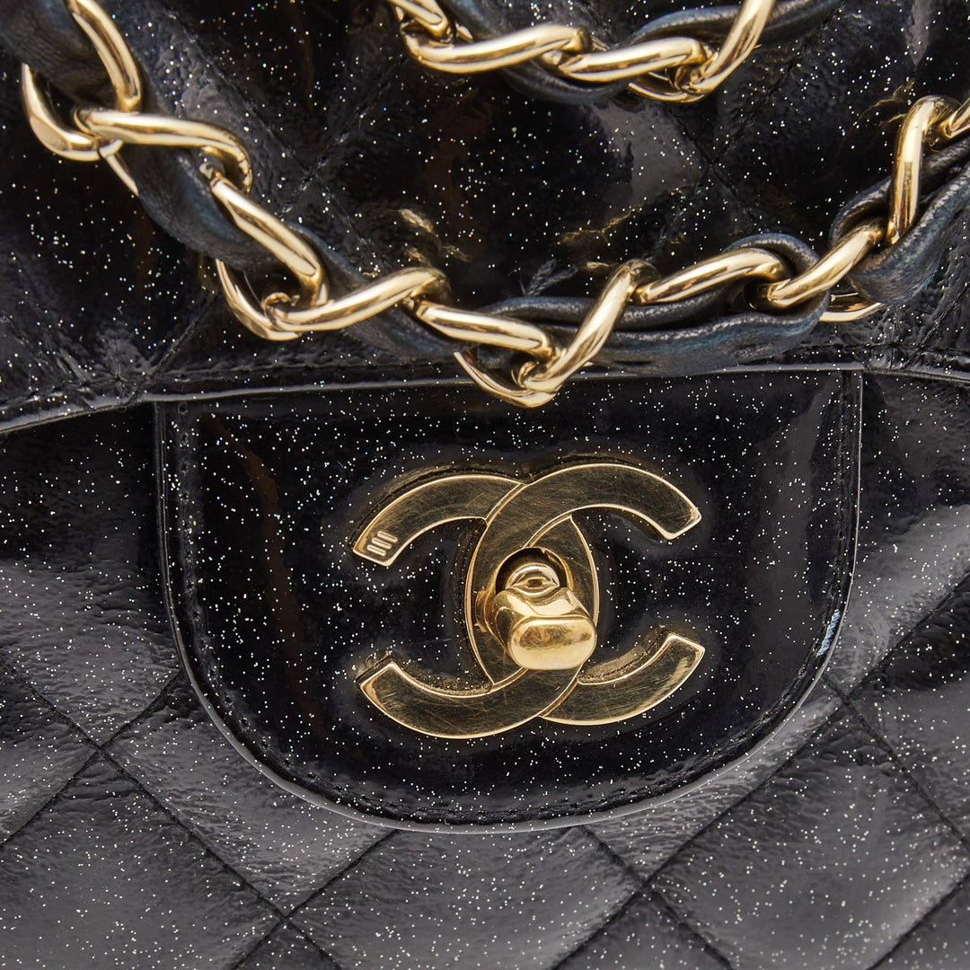 Chanel Black Quilted Glitter Patent Leather Jumbo Classic Single New Bag
