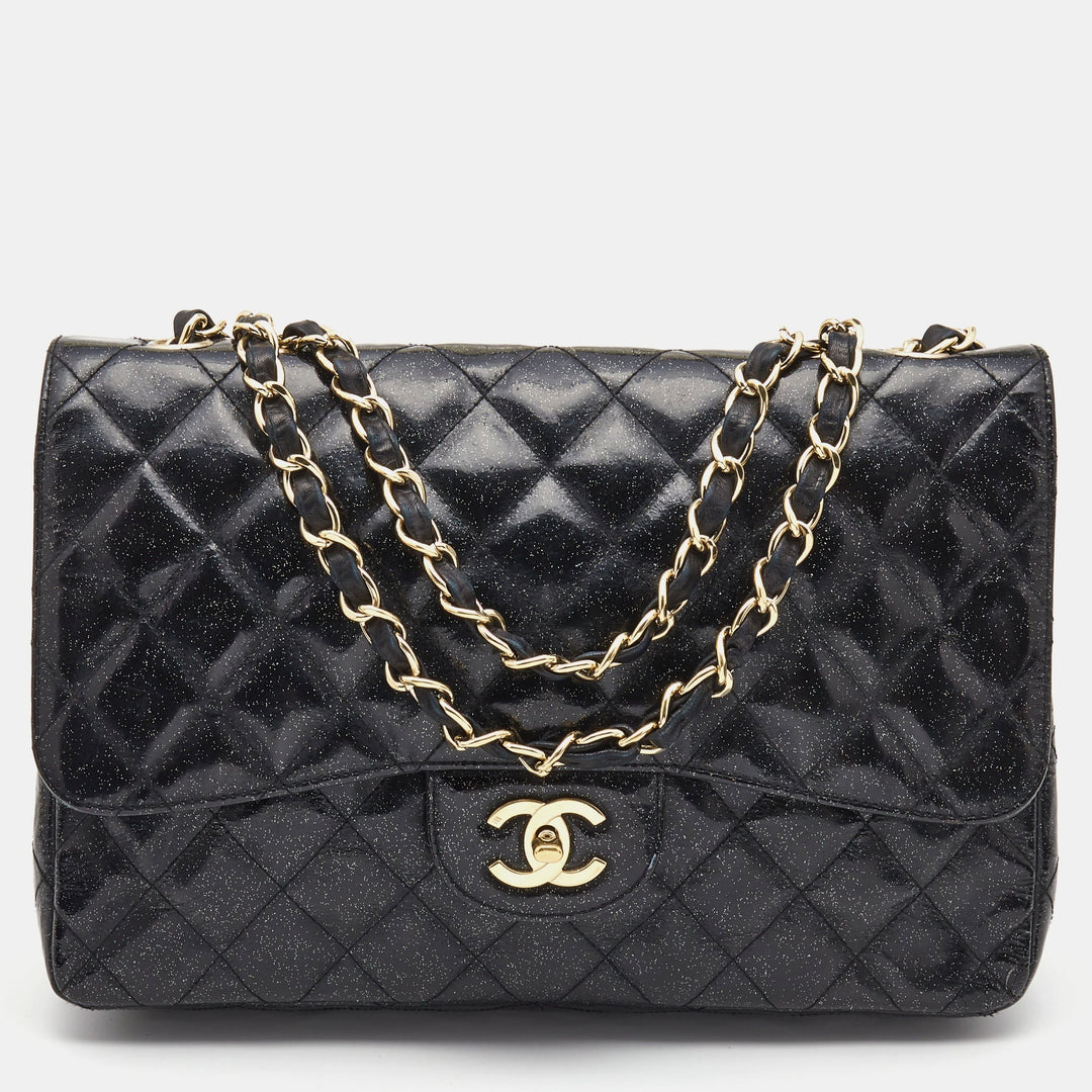 Chanel Black Quilted Glitter Patent Leather Jumbo Classic Single New Bag