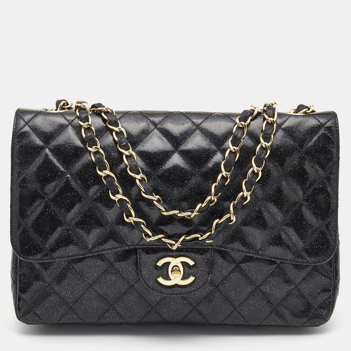 Chanel Black Quilted Glitter Patent Leather Jumbo Classic Single New Bag