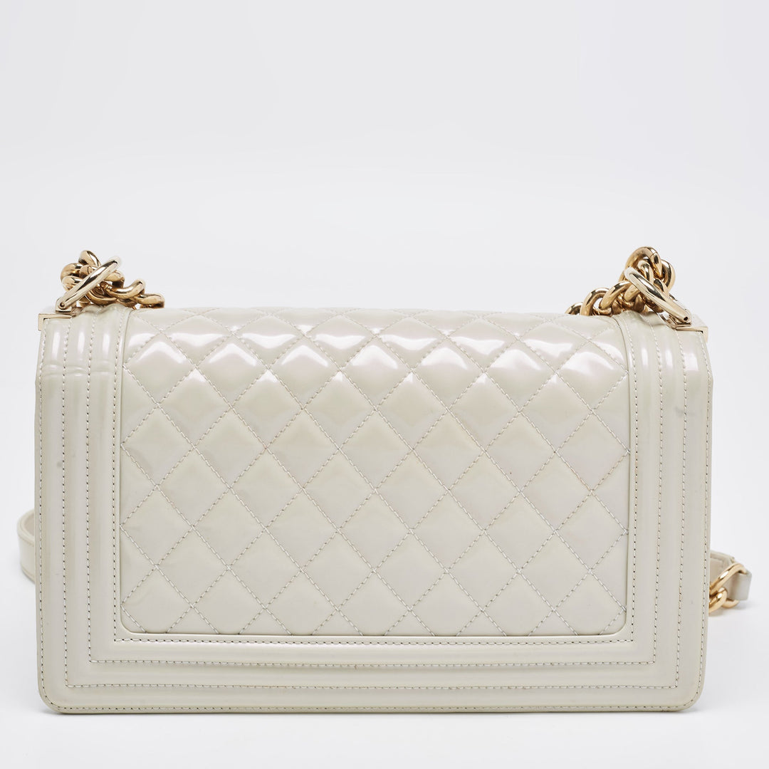 Chanel Pearl White Quilted Patent Leather Medium Boy New Bag
