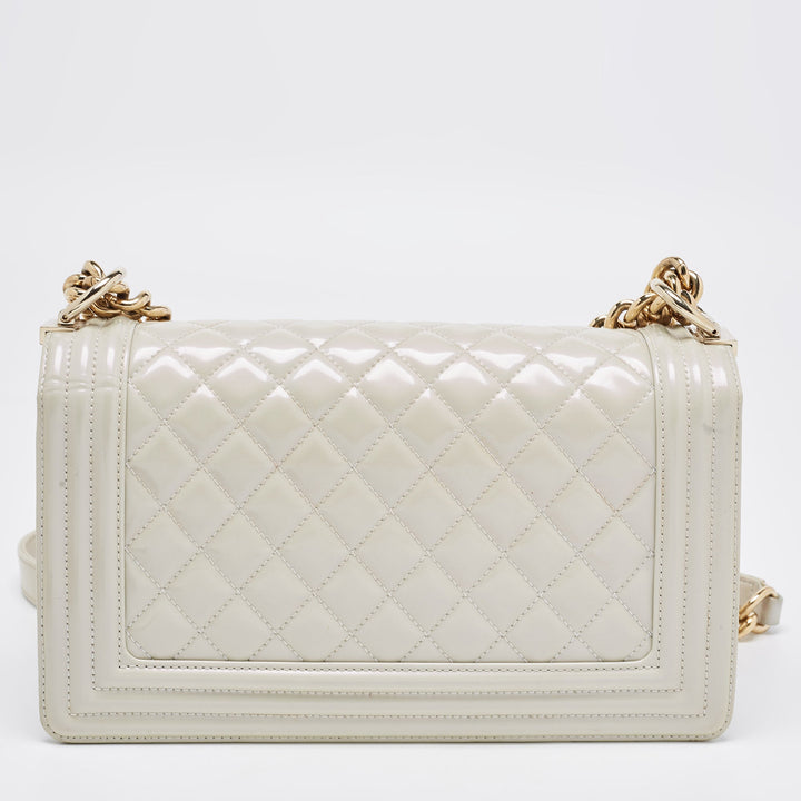Chanel Pearl White Quilted Patent Leather Medium Boy New Bag