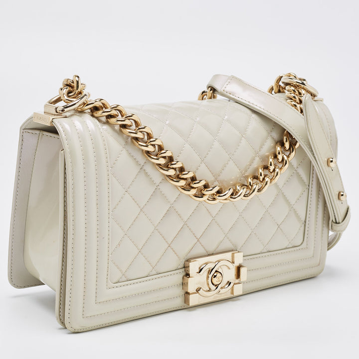 Chanel Pearl White Quilted Patent Leather Medium Boy New Bag
