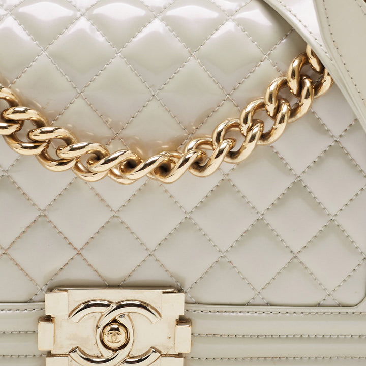 Chanel Pearl White Quilted Patent Leather Medium Boy New Bag