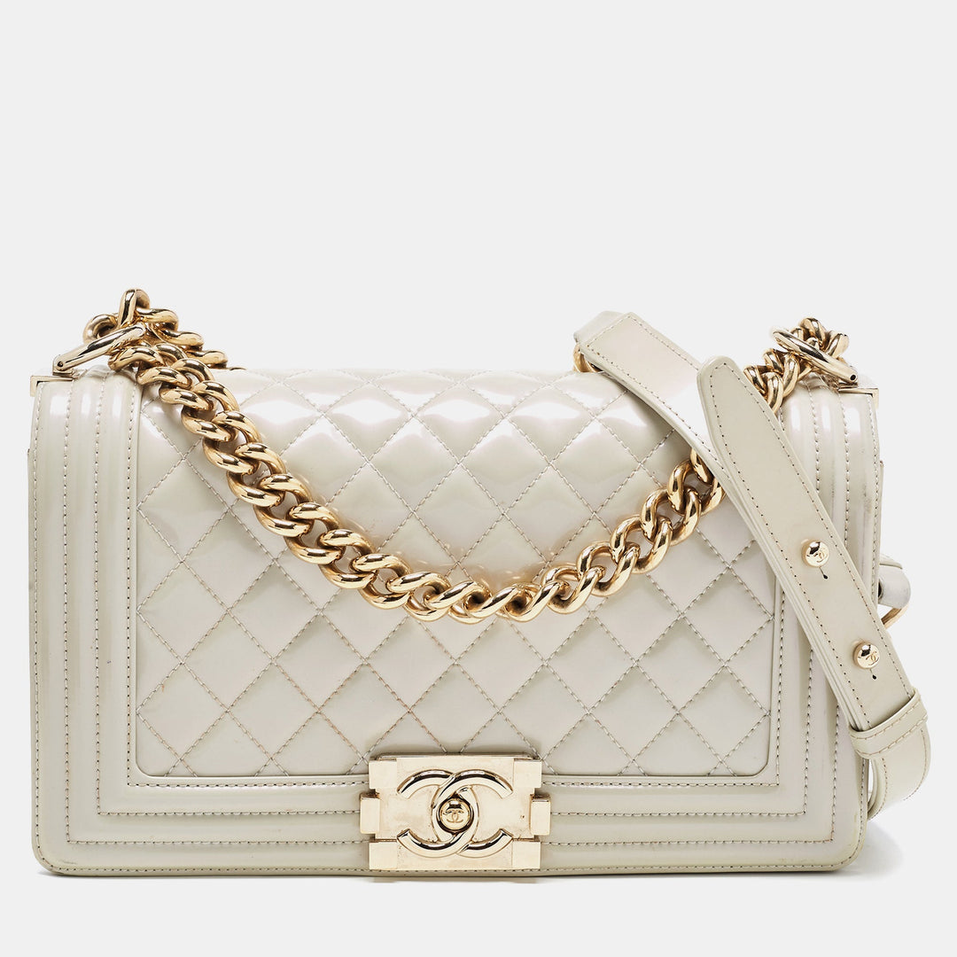 Chanel Pearl White Quilted Patent Leather Medium Boy New Bag