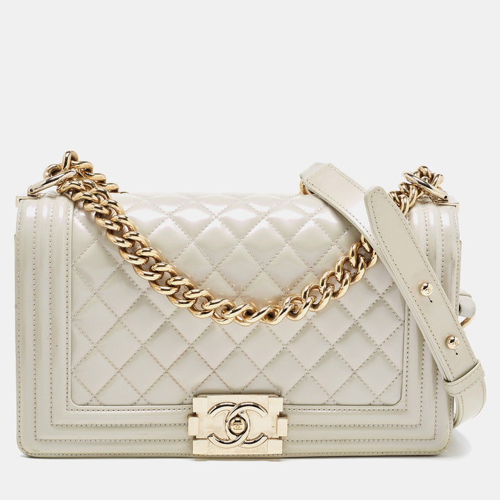 Chanel Pearl White Quilted Patent Leather Medium Boy New Bag