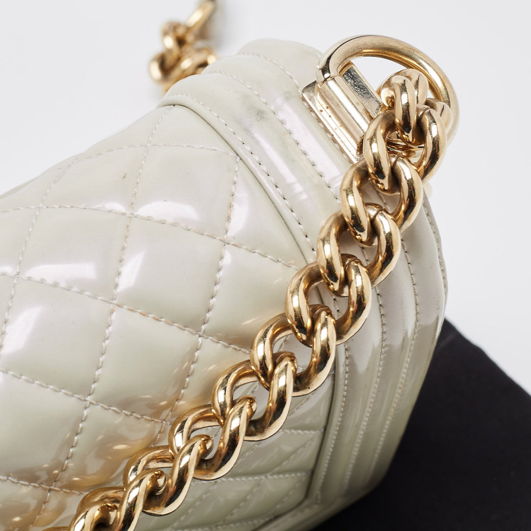 Chanel Pearl White Quilted Patent Leather Medium Boy New Bag