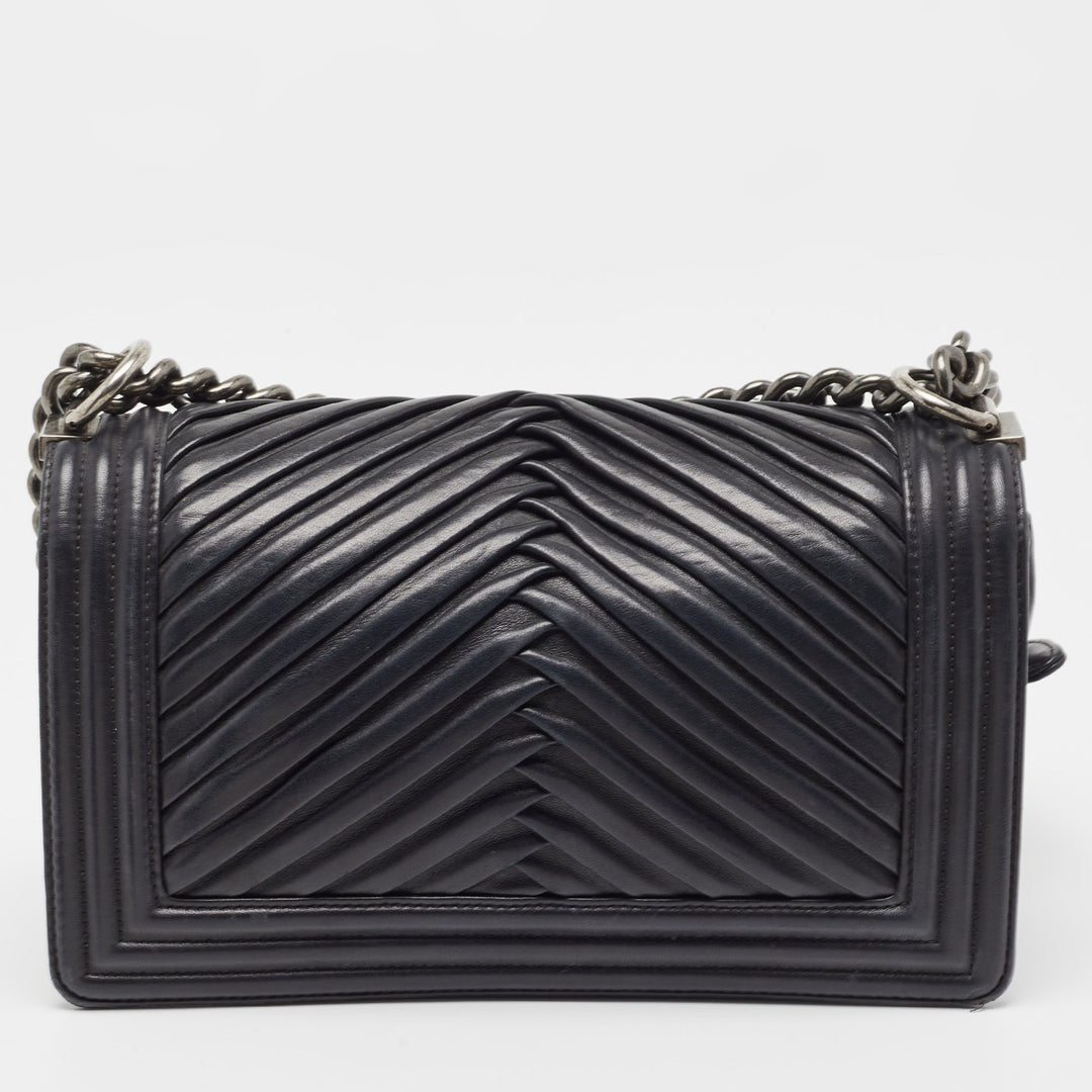 Chanel Black Chevron Pleated Leather Medium Boy New Bag