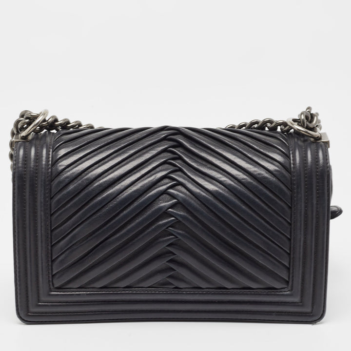 Chanel Black Chevron Pleated Leather Medium Boy New Bag