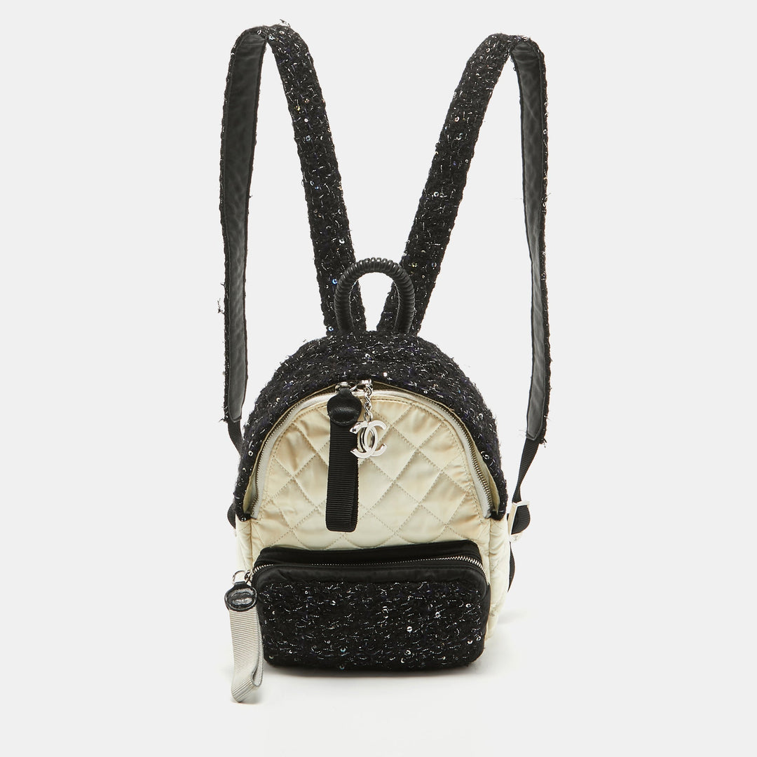 Top Quality Chanel Black/Off White Quilted Satin and Tweed Sequins Mini Backpack