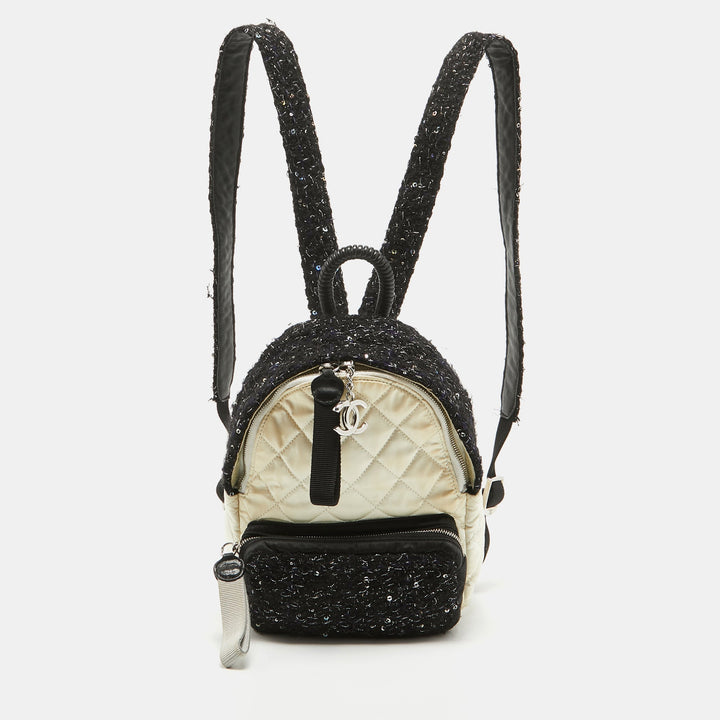 Top Quality Chanel Black/Off White Quilted Satin and Tweed Sequins Mini Backpack