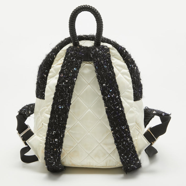 Top Quality Chanel Black/Off White Quilted Satin and Tweed Sequins Mini Backpack