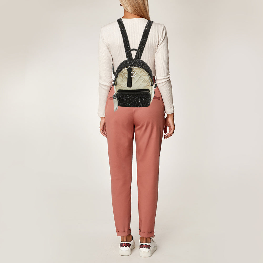 Top Quality Chanel Black/Off White Quilted Satin and Tweed Sequins Mini Backpack
